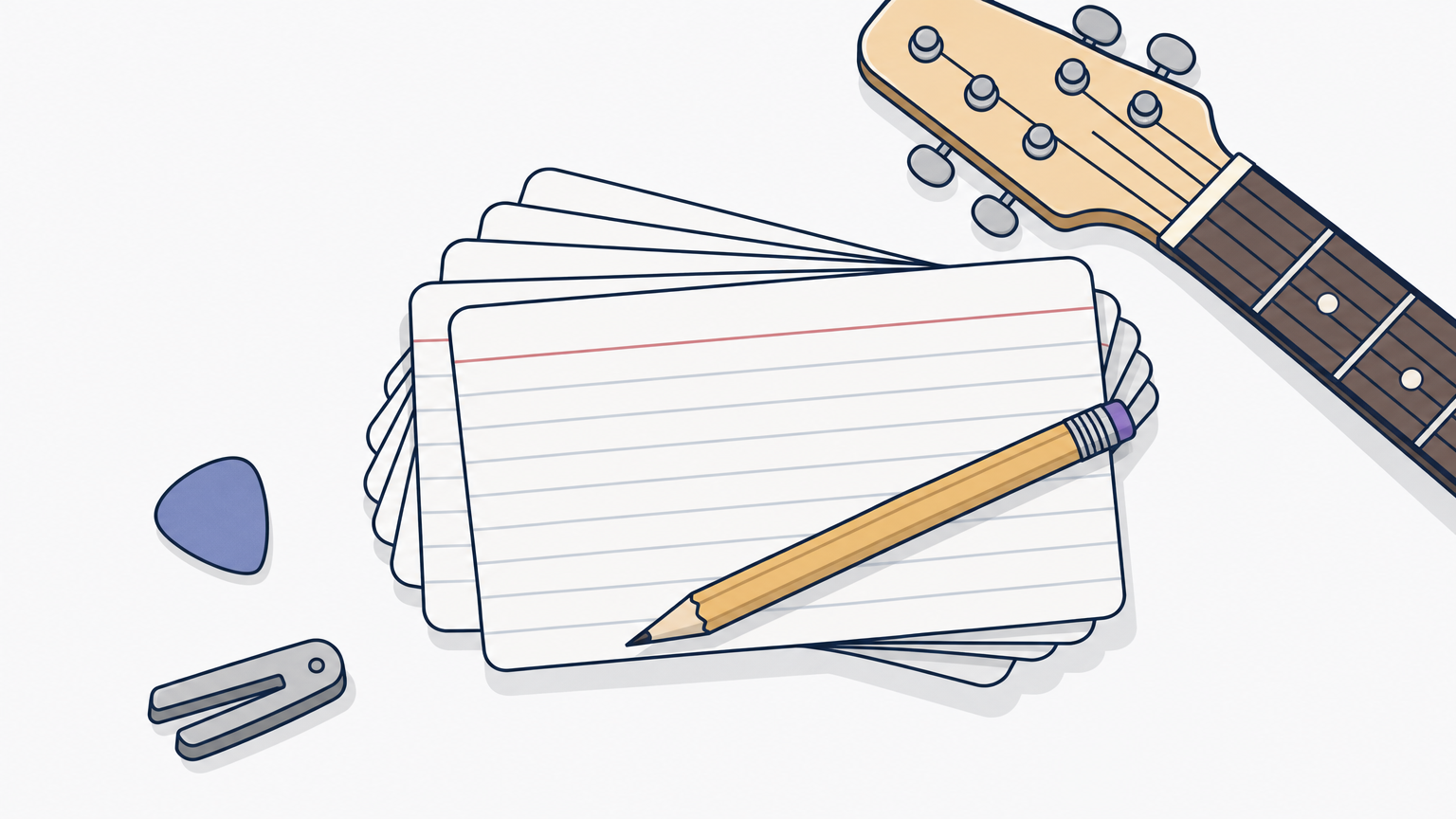 A fanned stack of blank index cards lies on a table beside a guitar neck.