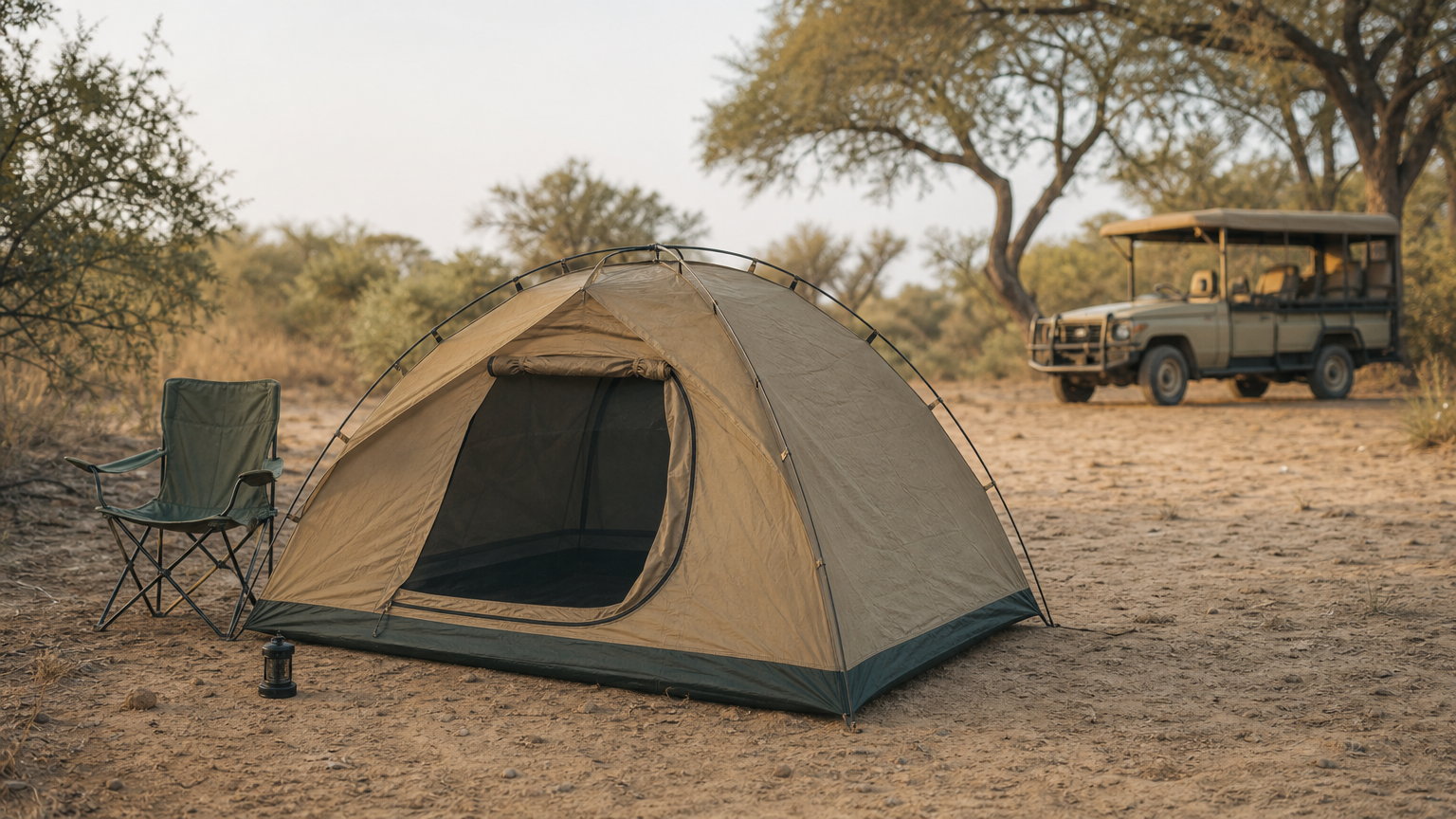 Lodges in Chobe National Park: 5 Places to Stay Compared A dome tent pitched in open bush beside a folding chair, with a safari vehicle parked among the trees nearby.