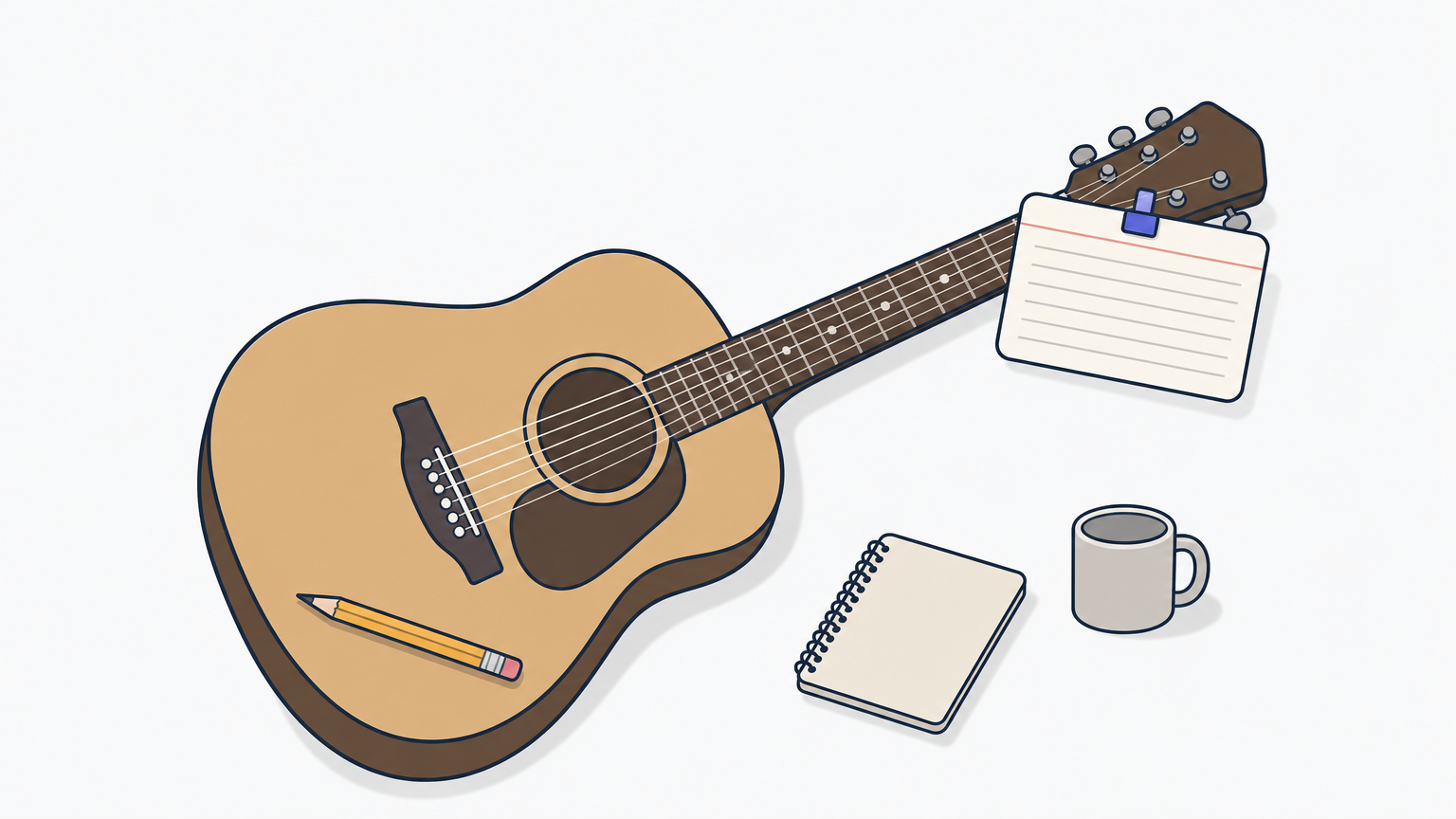 A blank index card is clipped to a guitar headstock with a pencil resting on the body.