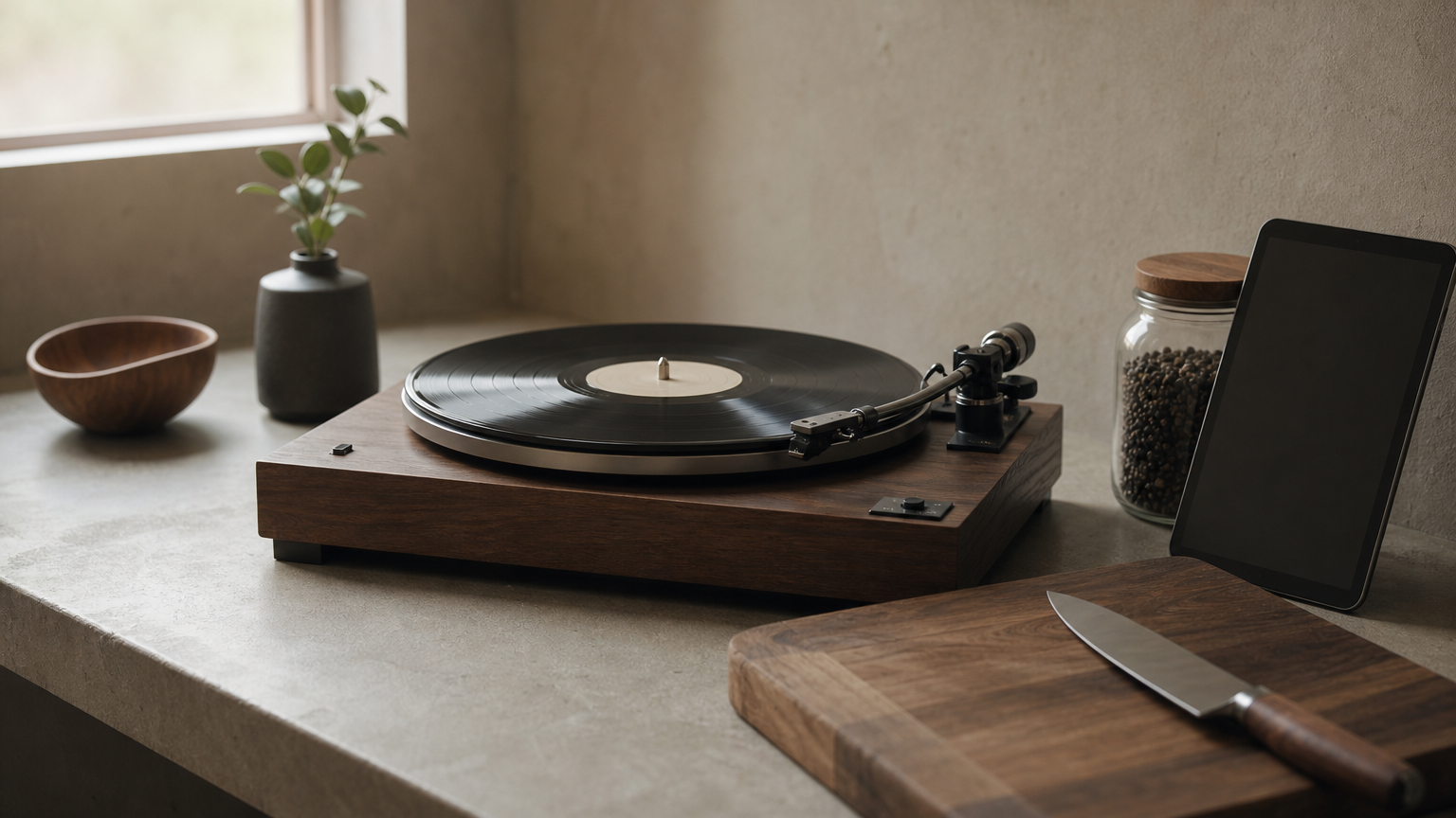 A turntable with a vinyl record sits next to a cutting board, a chef's knife, a tablet, and a jar of spices.