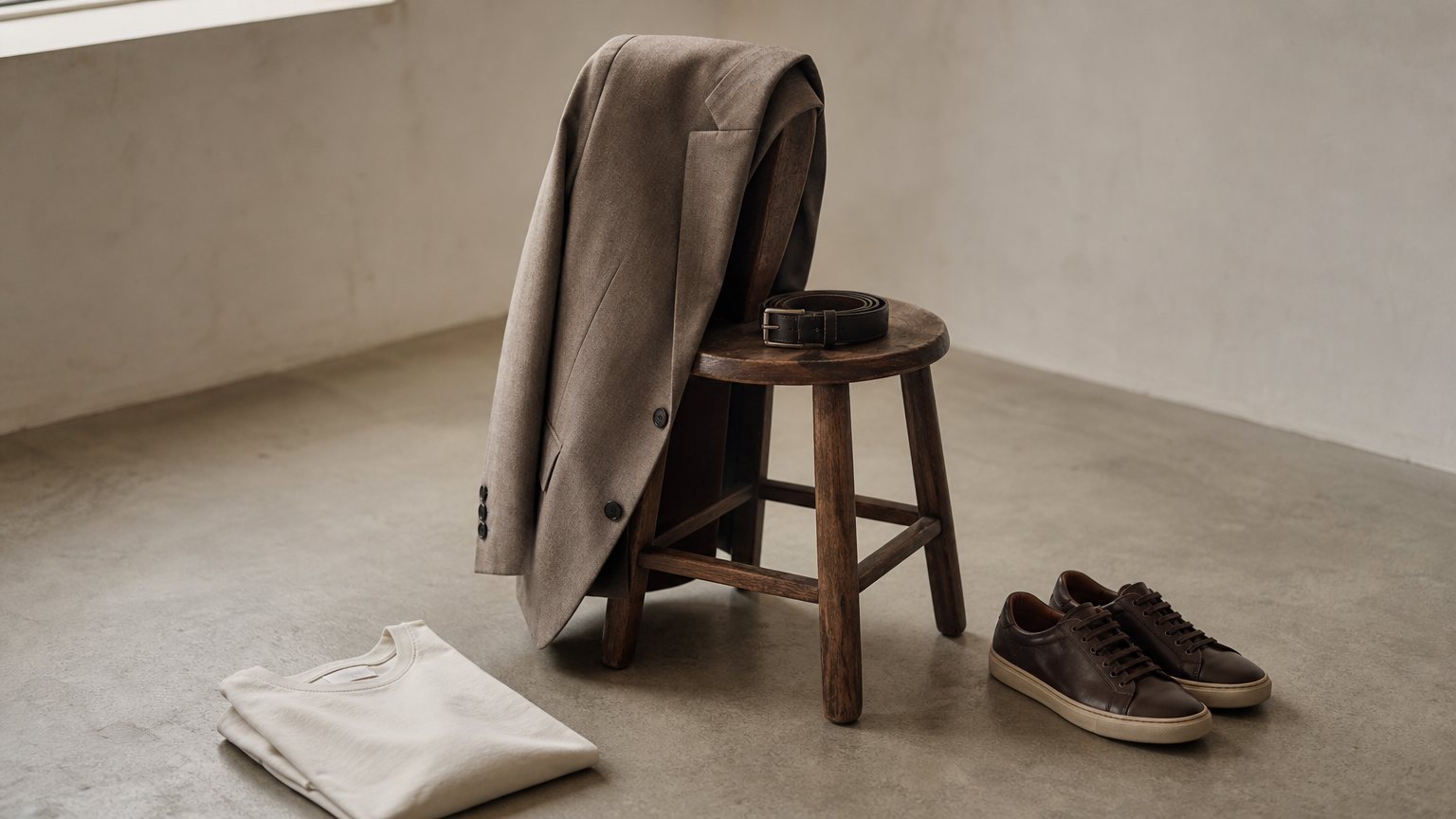 A folded blazer on a stool beside a crew-neck tee, leather sneakers and a coiled slim belt.