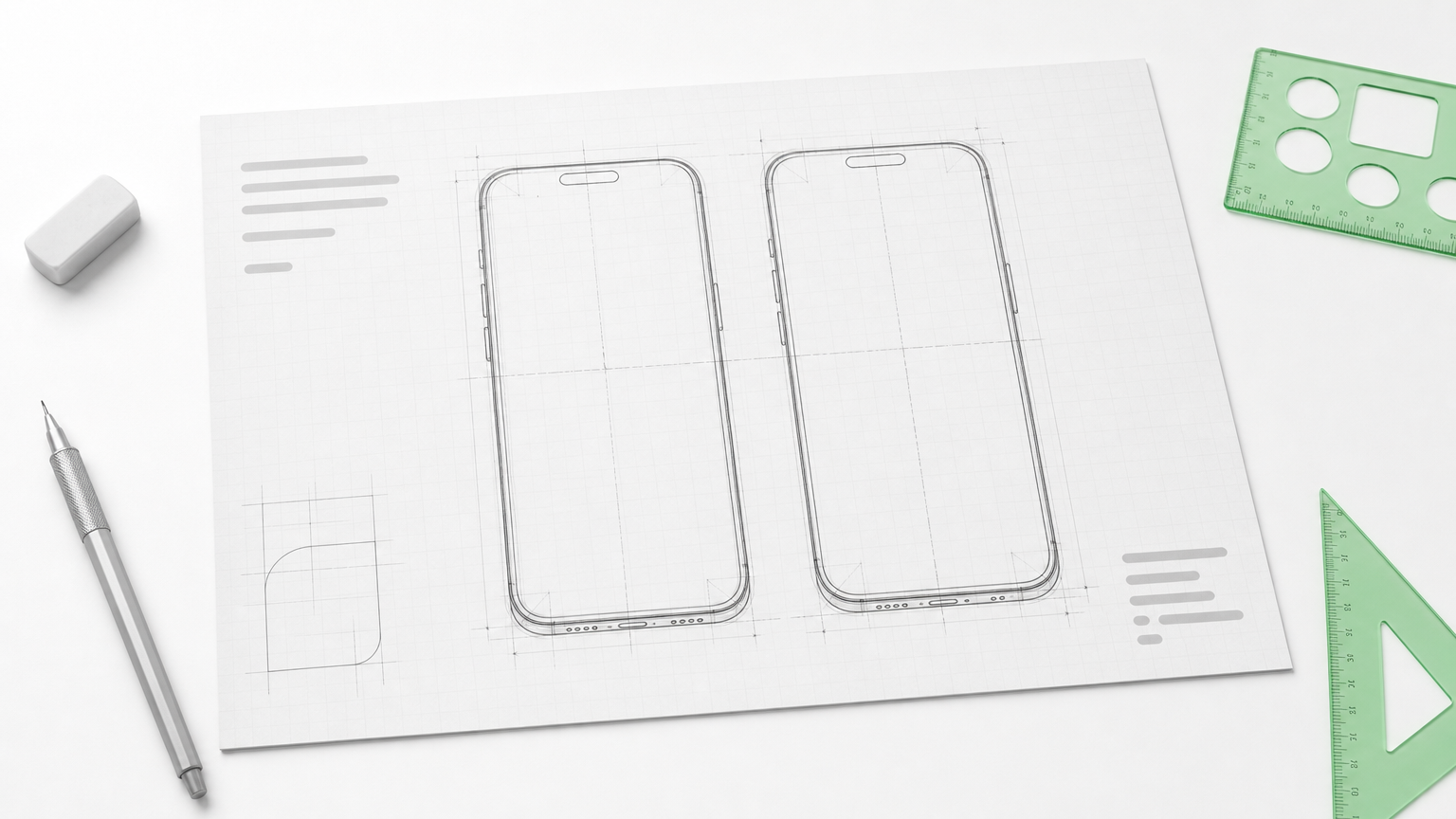 A single blueprint sheet on a drafting table shows two smartphone outlines drawn from the same sketch.