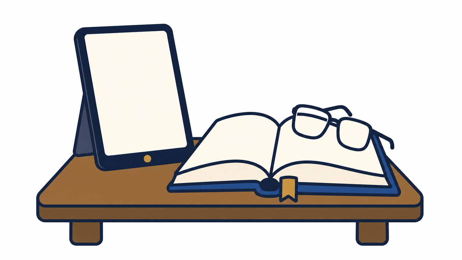 A tablet stands on a desk beside an open hardcover book with reading glasses resting on its pages.