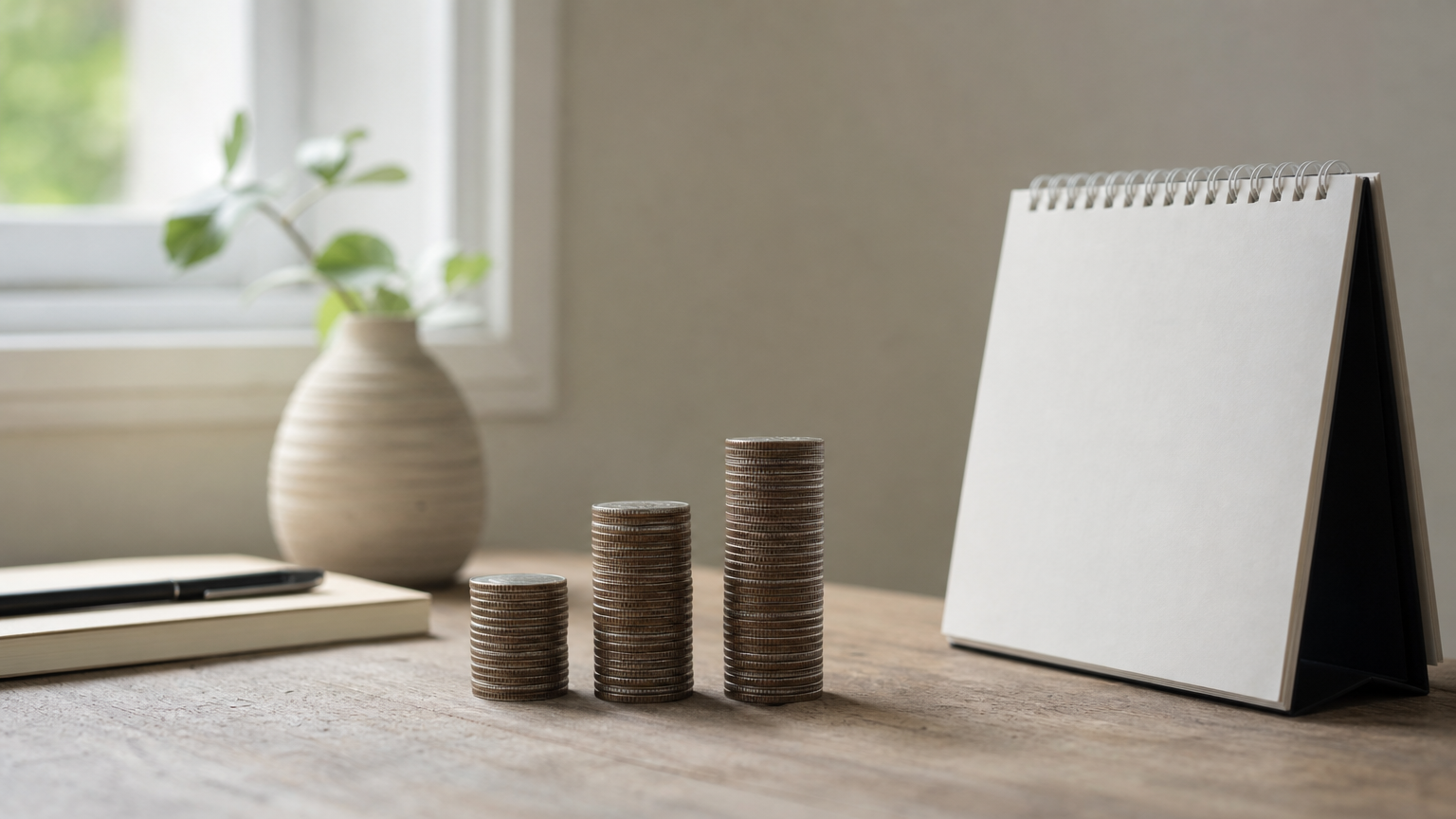 Three coin stacks rise in height side by side beside a wall calendar, showing costs growing over a year.
