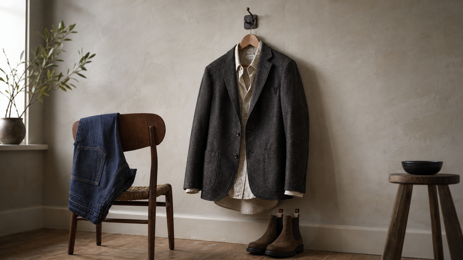 A tailored jacket on a hook beside folded jeans, a light shirt and Chelsea boots on the floor.