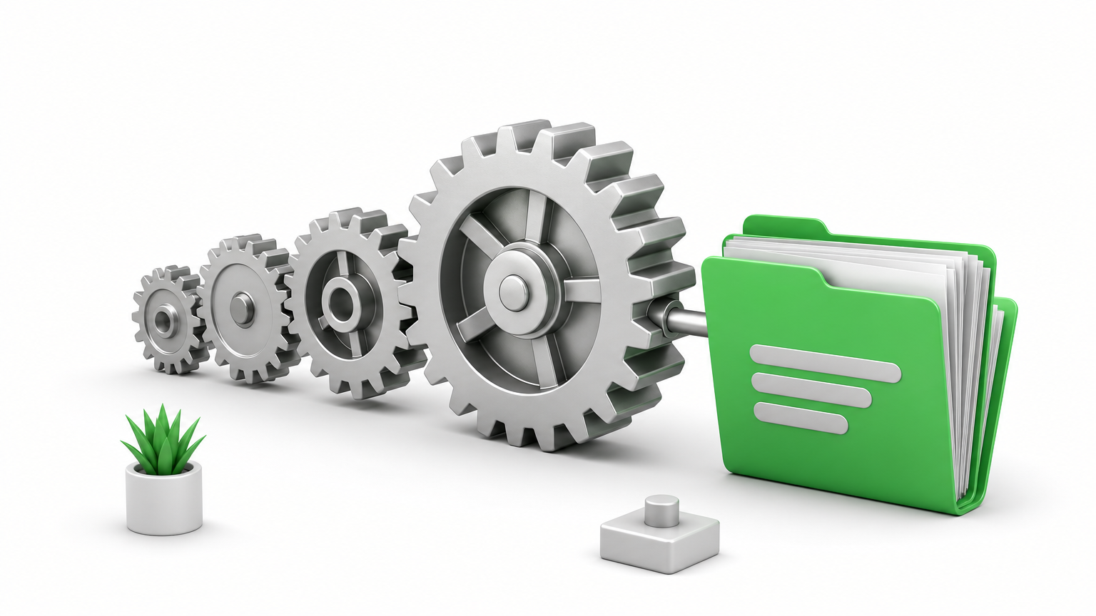 Interlocking metal gears of different sizes connect to a stack of paper folders.