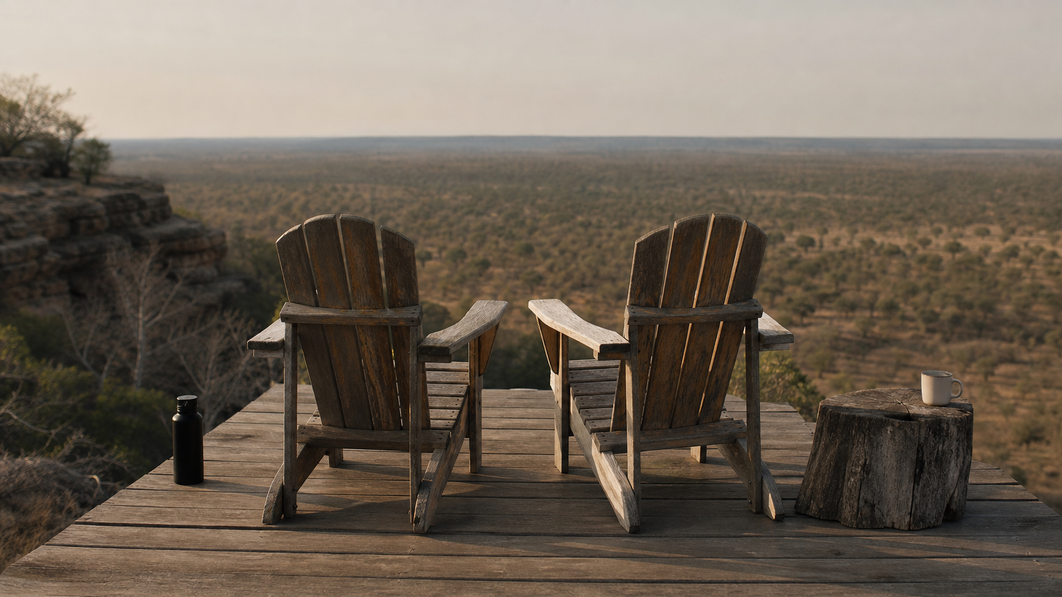 Lodges in Chobe National Park: 5 Places to Stay Compared A wooden lookout deck with two chairs at the edge of a plateau, overlooking woodland that stretches to the horizon.