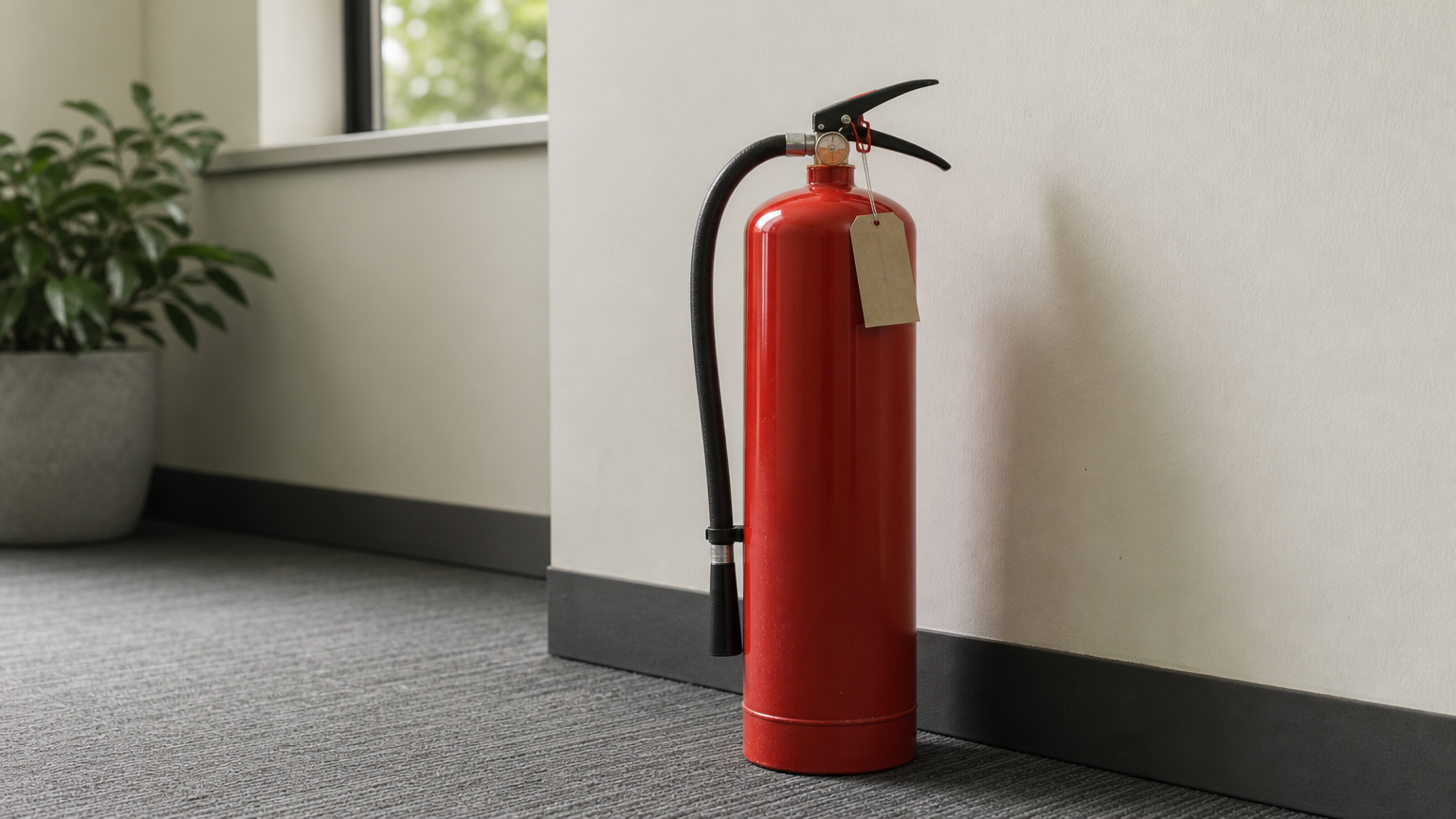 Ein roter Pulverlöscher steht aufrecht auf dem Boden eines Büros neben einer Wand mit grünem Notausgangssymbol.