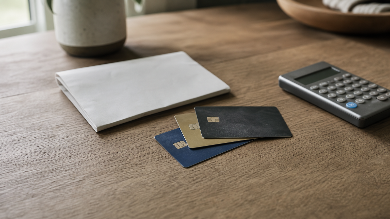 Three credit cards fanned on a table beside a folded letter and a calculator.