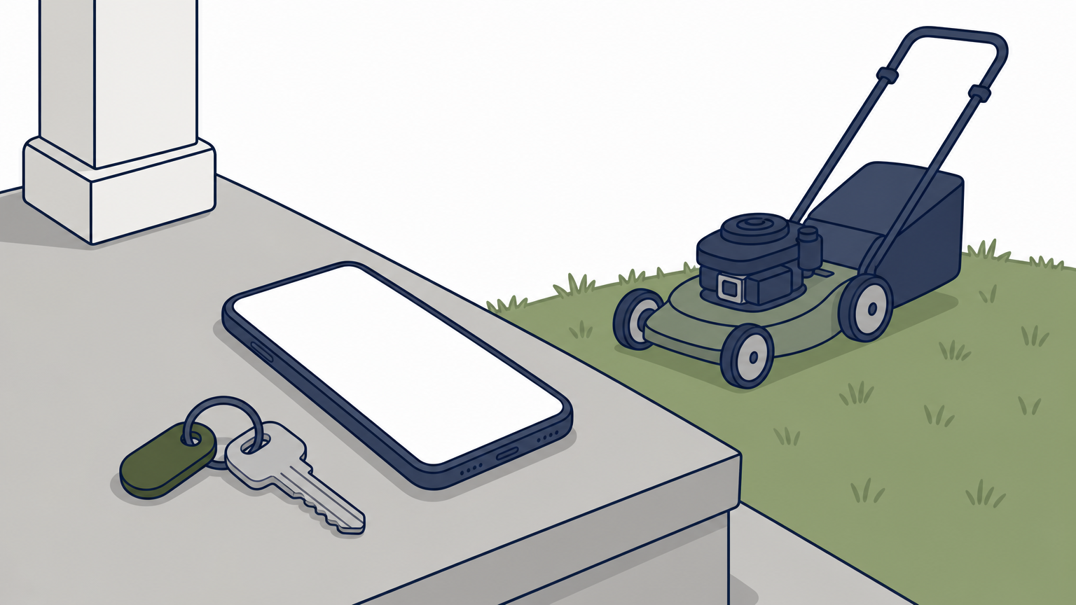 A smartphone sits on a porch step with a push mower parked on the lawn behind it.