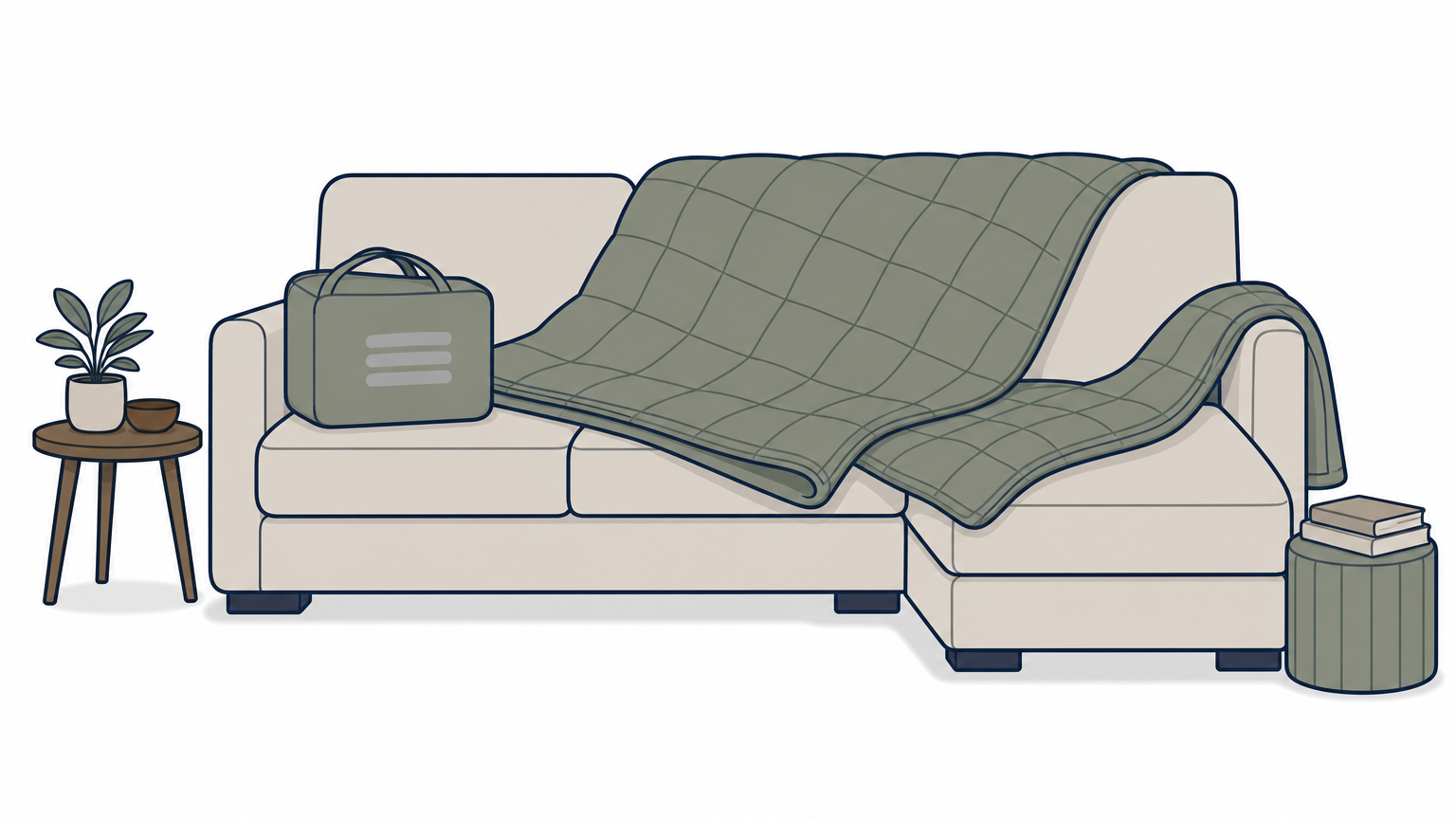 A large folded throw lies across a wide sectional sofa, with a storage bag beside it.