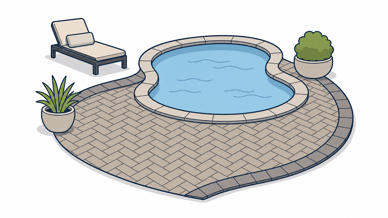 A herringbone paver patio with a curved border running along a pool deck edge.