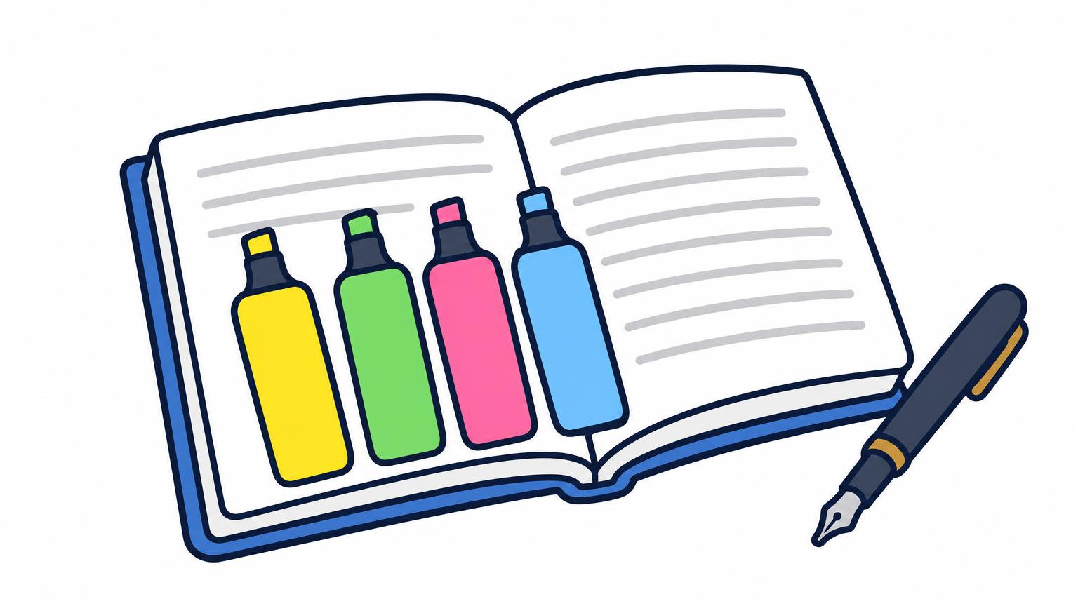 Four highlighter pens lie across an open booklet with ruled pages, with a fountain pen resting beside them.