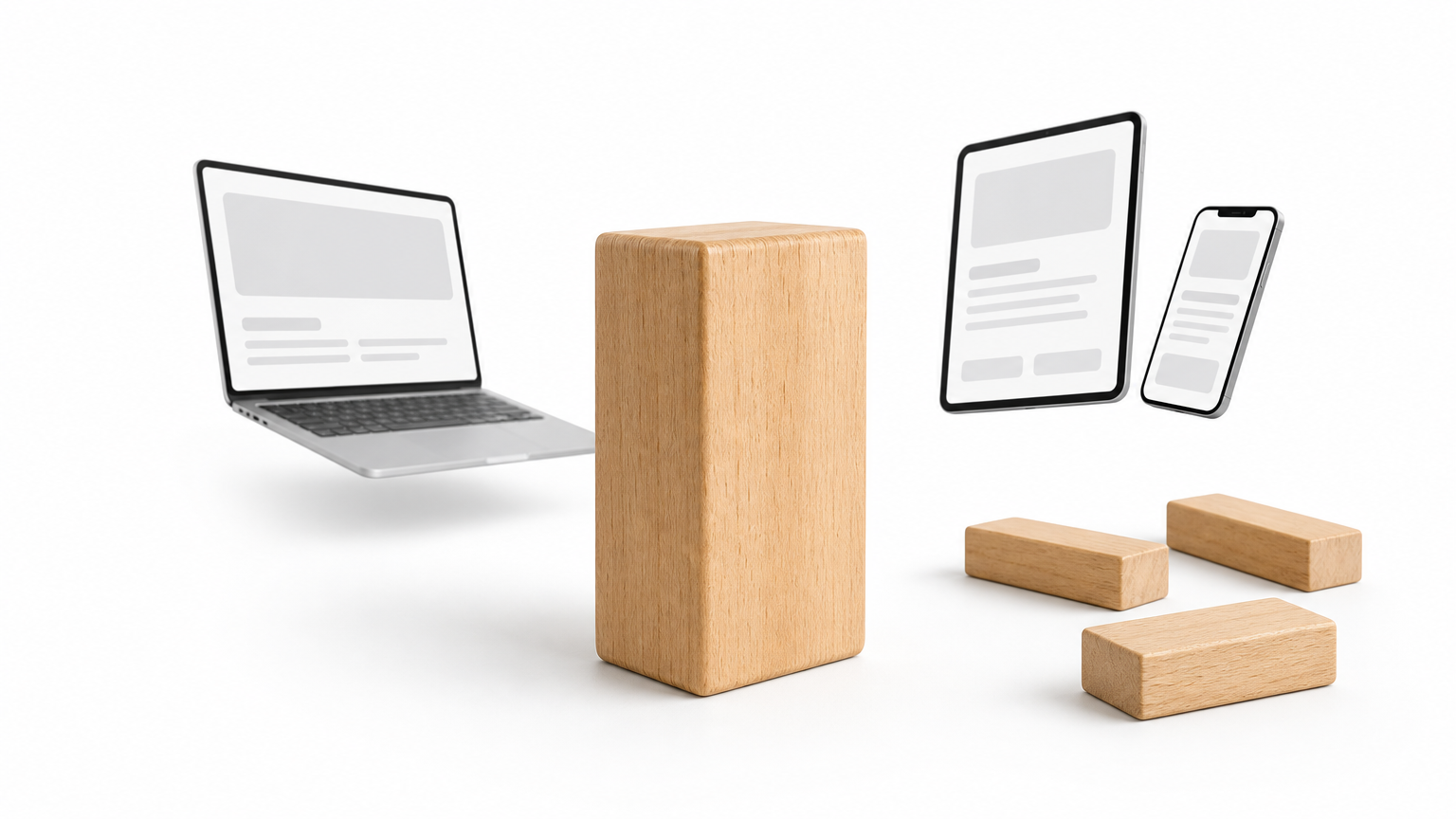 A single plain wooden block stands alone on an empty table with three loose blocks nearby.