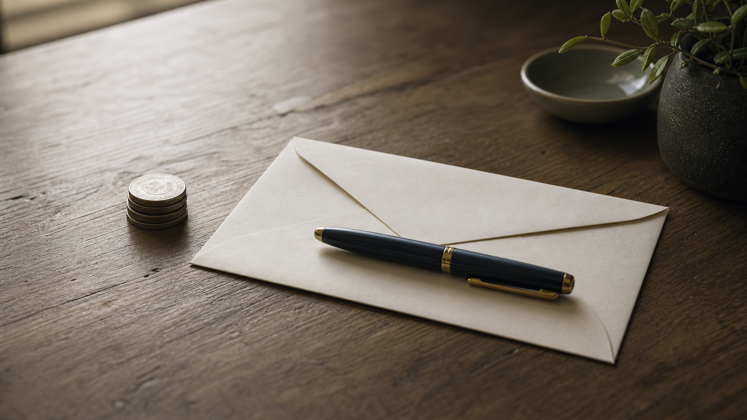 A short stack of coins beside a sealed envelope and a pen on a desk.