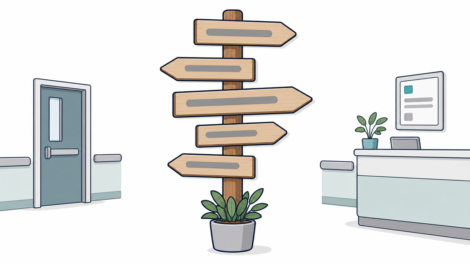 Five arrow signs on one post point in different directions at a hospital corridor junction.