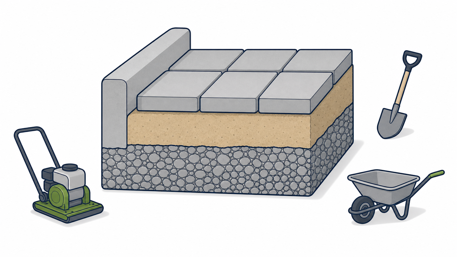Cutaway of a paver base with crushed stone, sand, and pavers set against a curb.