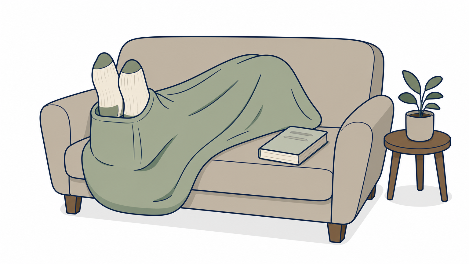 A throw with a foot pocket covers a sofa, with a book resting on the cushion beside it.