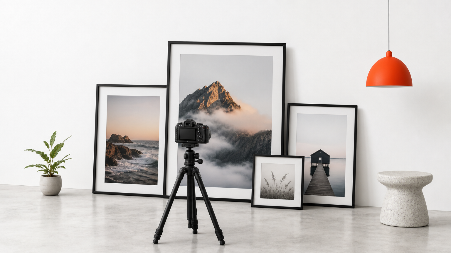 Four framed photographs of different sizes lean against a bare wall with a tripod-mounted camera in front.