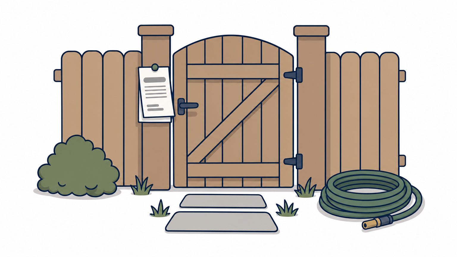 A garden gate with a pinned flyer and a coiled hose on the grass beside the path.