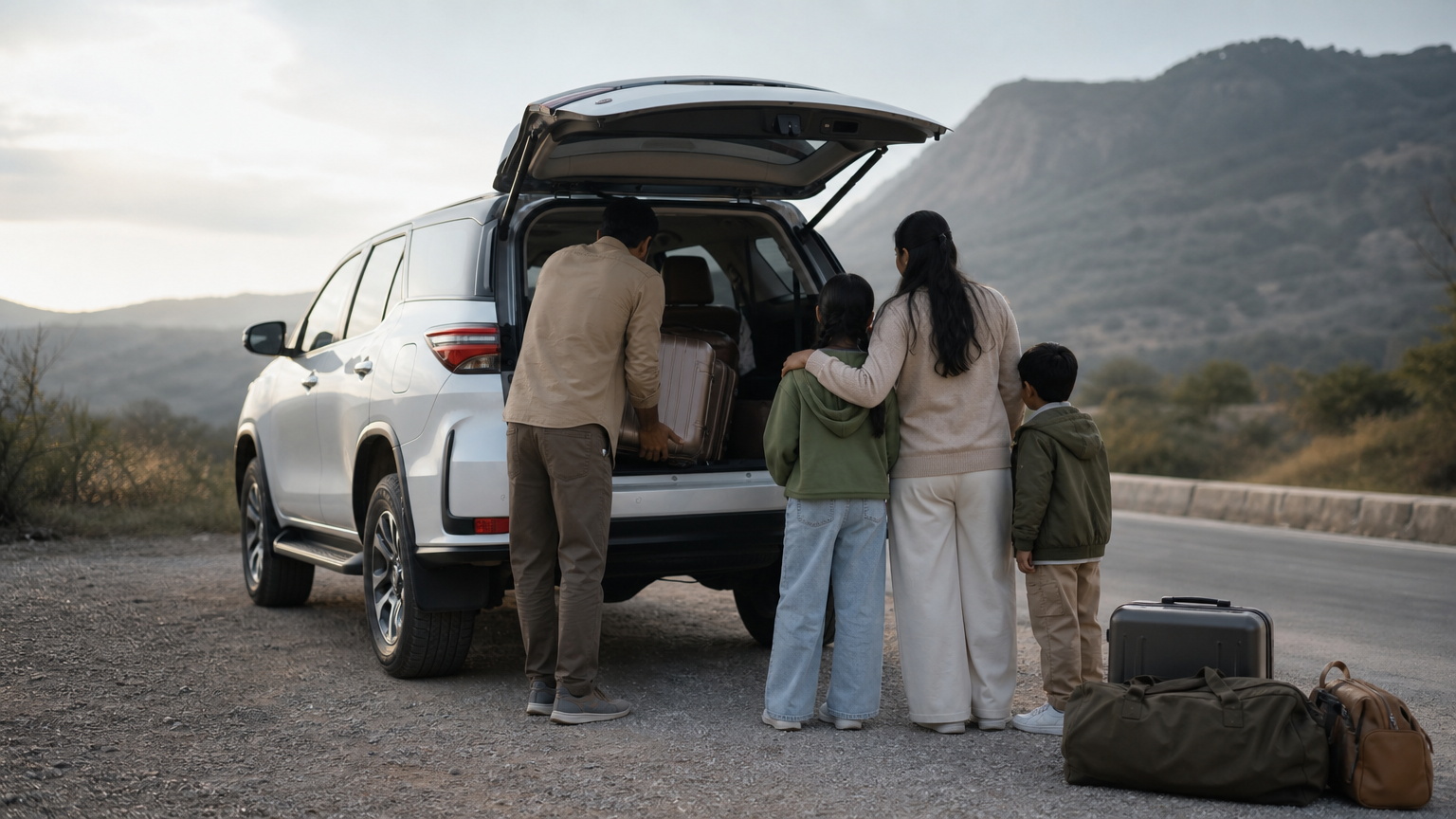 A family loads suitcases into the rear hatch of a Toyota Fortuner parked at a roadside stop.