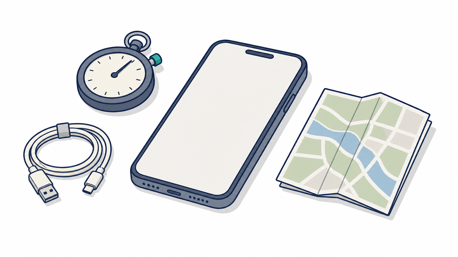 A smartphone lies on a table next to a stopwatch and a coiled charging cable.