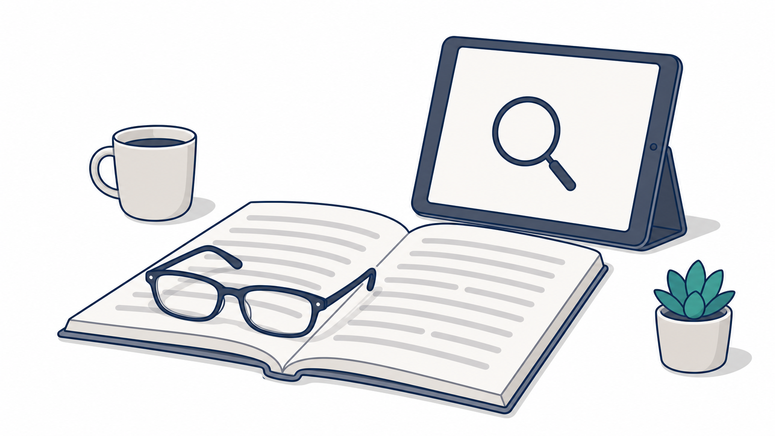Reading glasses rest on an open large-print booklet next to a tablet on a stand.