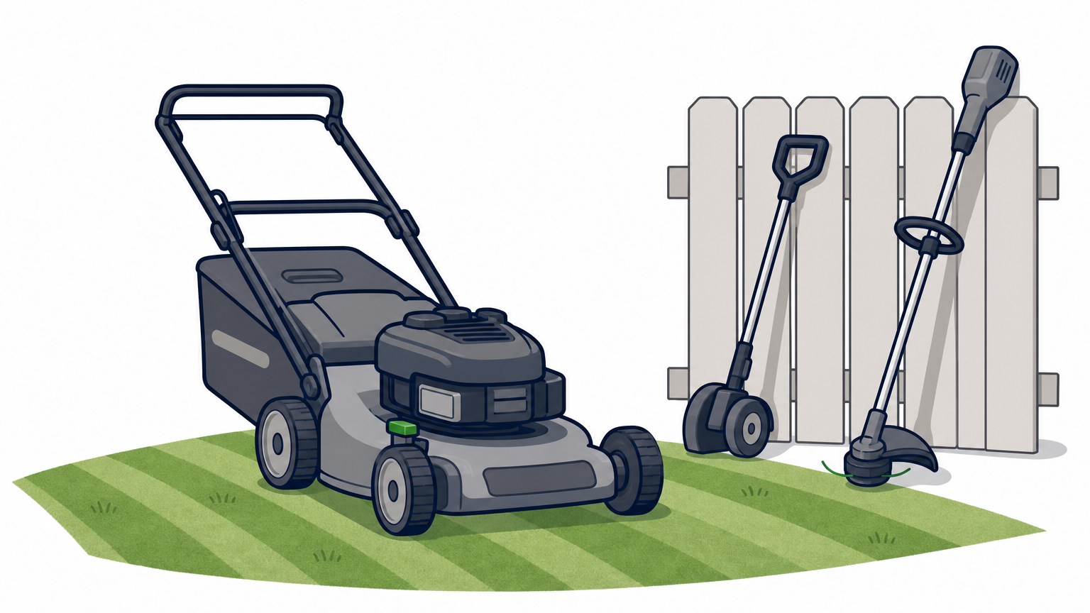 A push mower and edger beside a striped St. Augustine lawn.