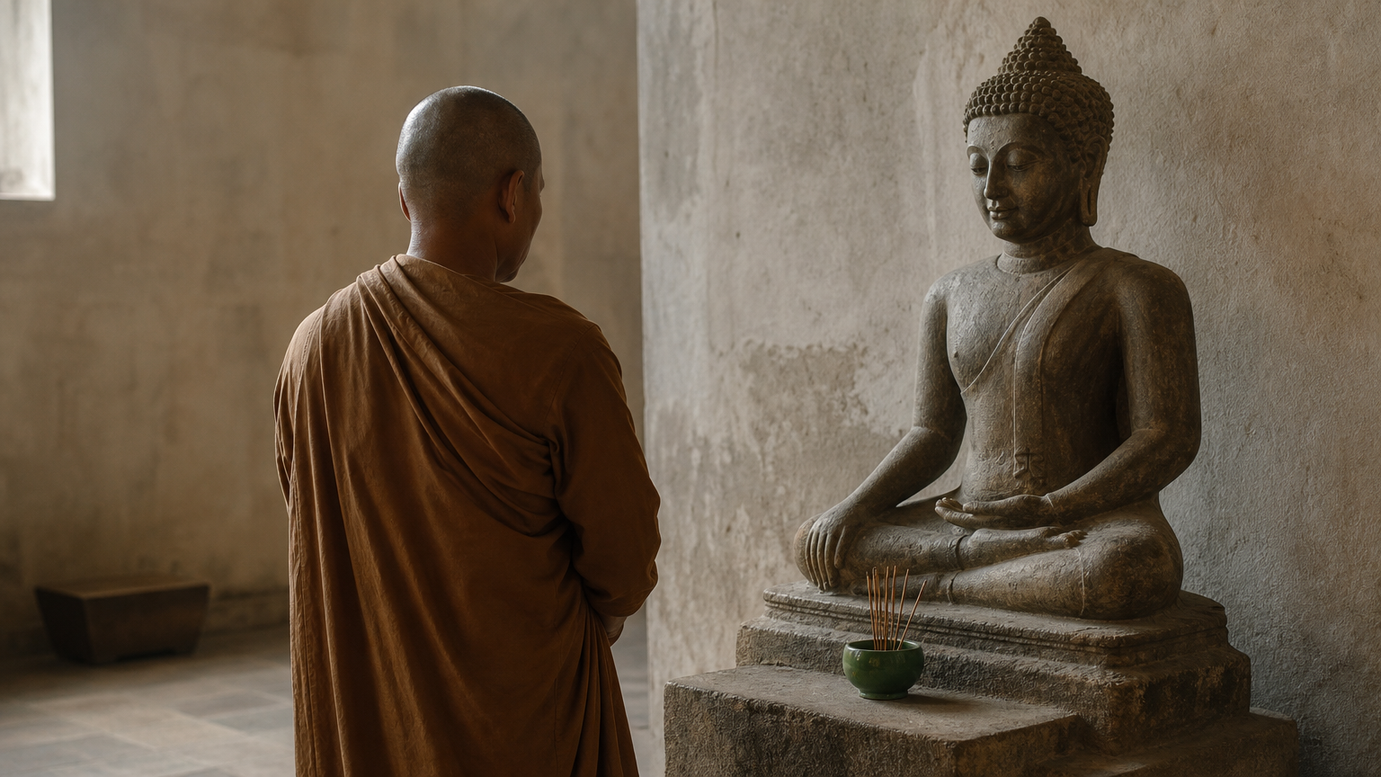 Un moine en robe debout près d'une statue de Bouddha assise, avec de l'encens posé sur un socle de pierre.