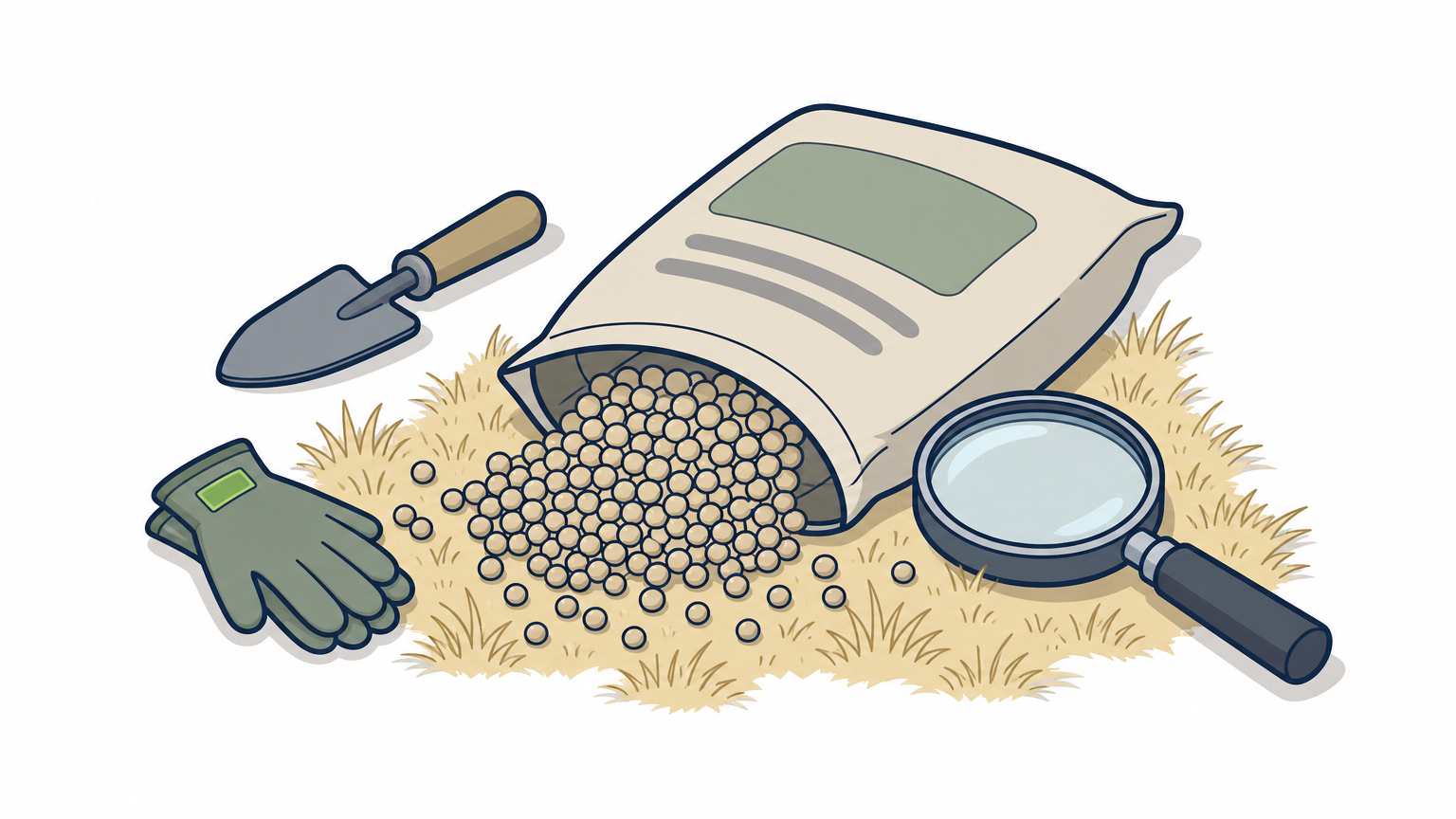 A bag of fertilizer granules and a magnifying glass over a patch of yellowed grass.