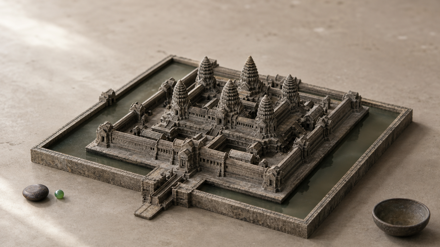 Une maquette en pierre d'un temple rectangulaire vu d'en haut, entouré d'une douve et dominé par cinq tours.