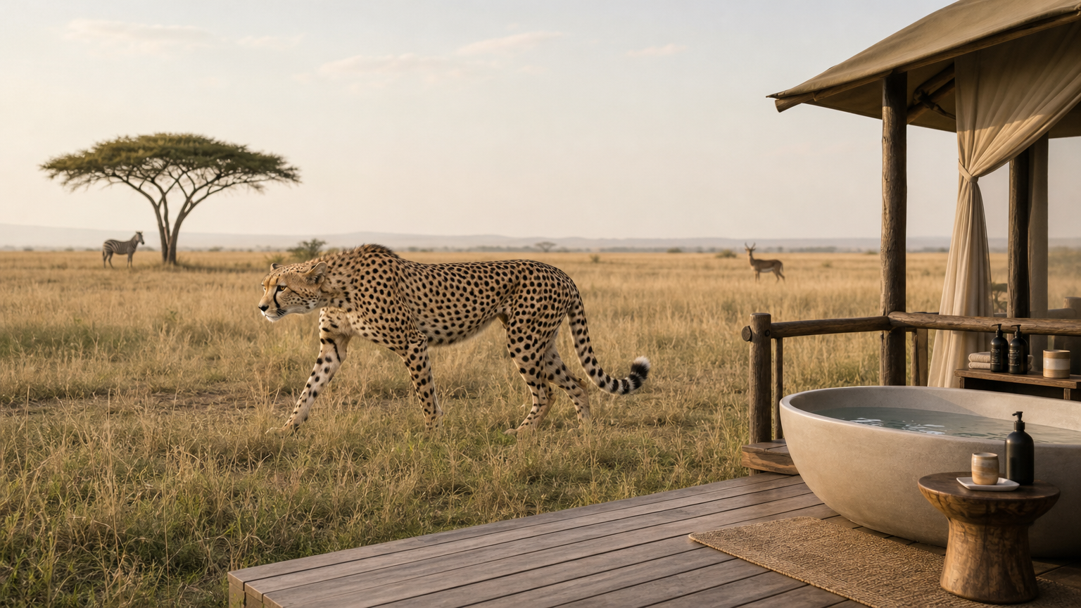 A cheetah crosses open grassland beside a tented suite's private deck with an outdoor bath.