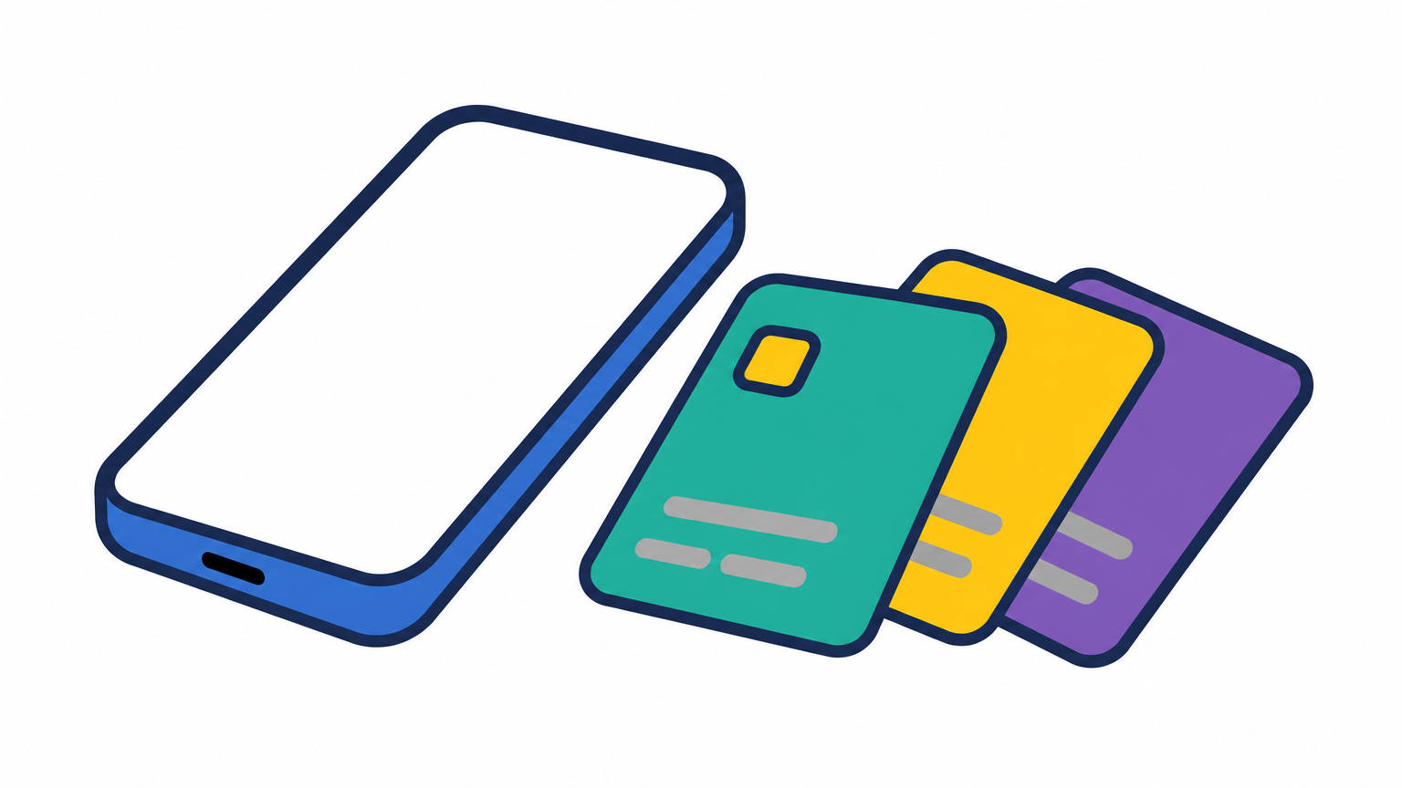 A smartphone and three payment cards lie side by side on a checkout counter.