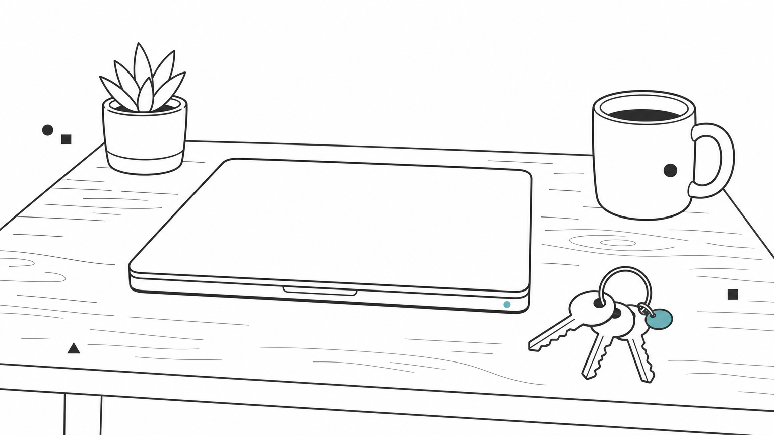 A closed laptop sits on a desk next to a metal key ring holding three keys and a coffee mug.