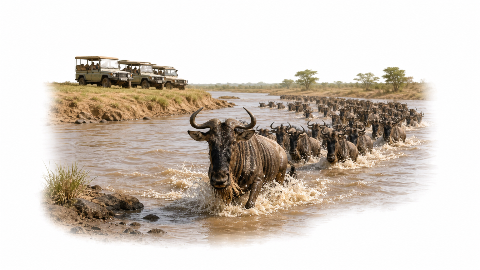 A wildebeest herd crosses a wide river while safari vehicles wait on the bank.