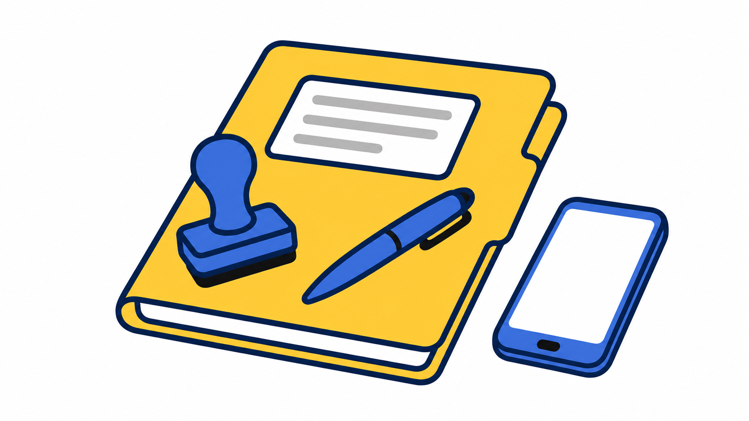 A business registration folder with a stamp and pen sits beside a smartphone.