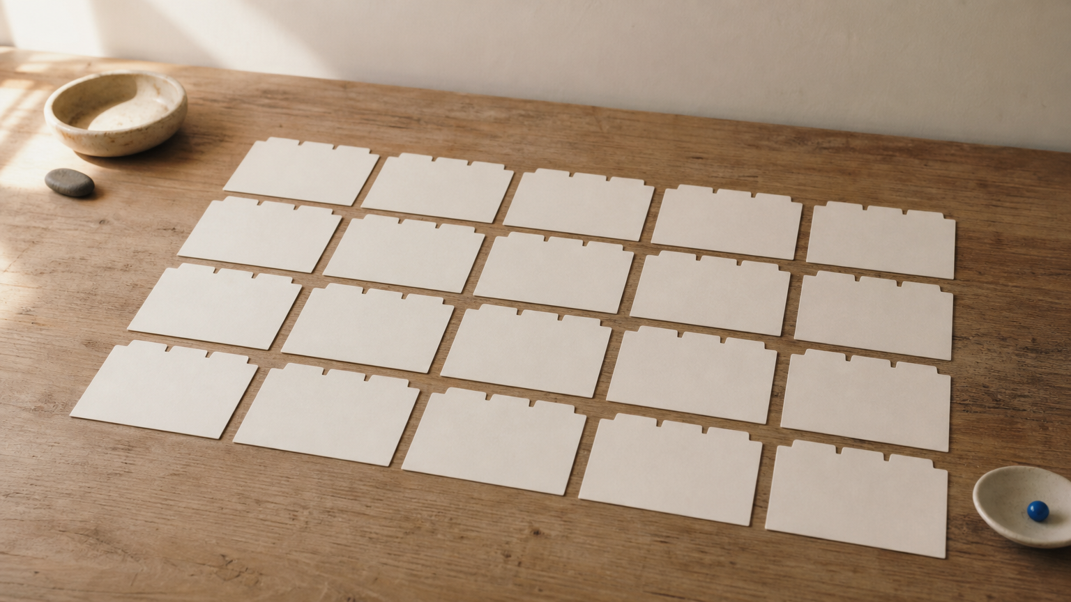 A grid of identical paper cards arranged in neat rows and columns, each with small tabs along the top edge.
