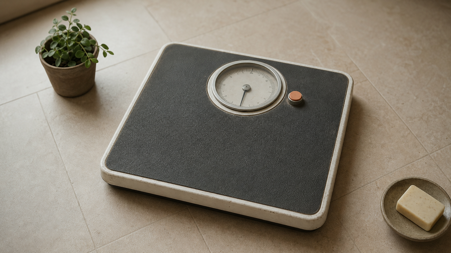 A large rubber-topped analog bathroom scale with a round dial and zeroing knob on a tile floor.