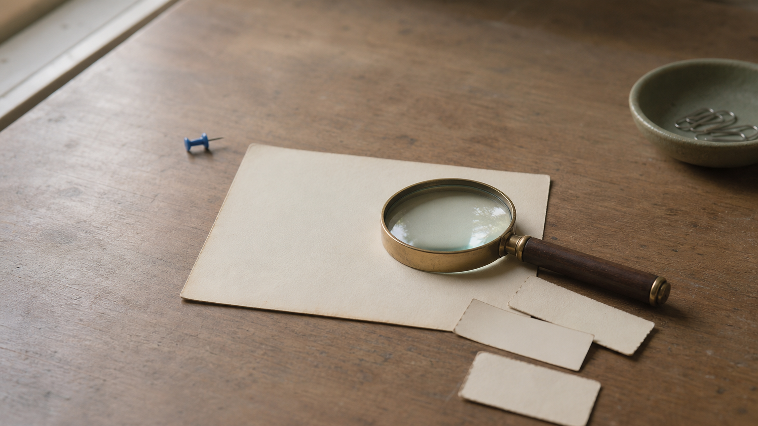 A magnifying glass rests on a paper card, with three slips of paper fanned out beside it in different directions.