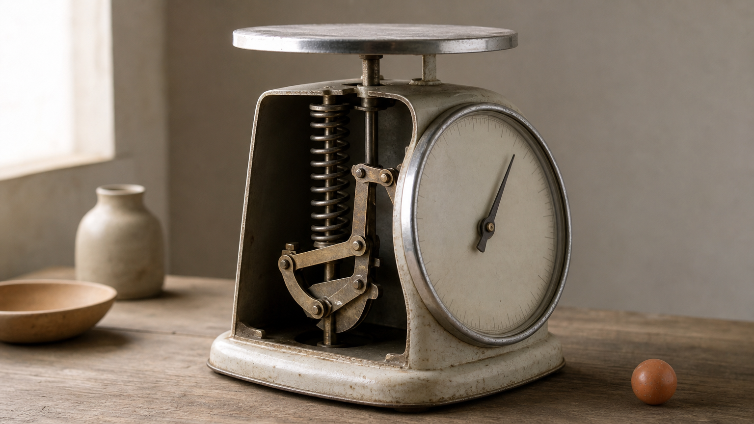 A cutaway view of a dial scale's coil spring, lever linkage, and needle.
