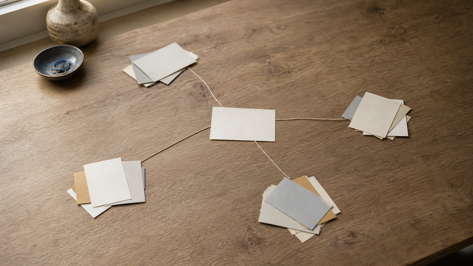One paper card sits at the center, with thin strings linking it to several small clusters of other cards.