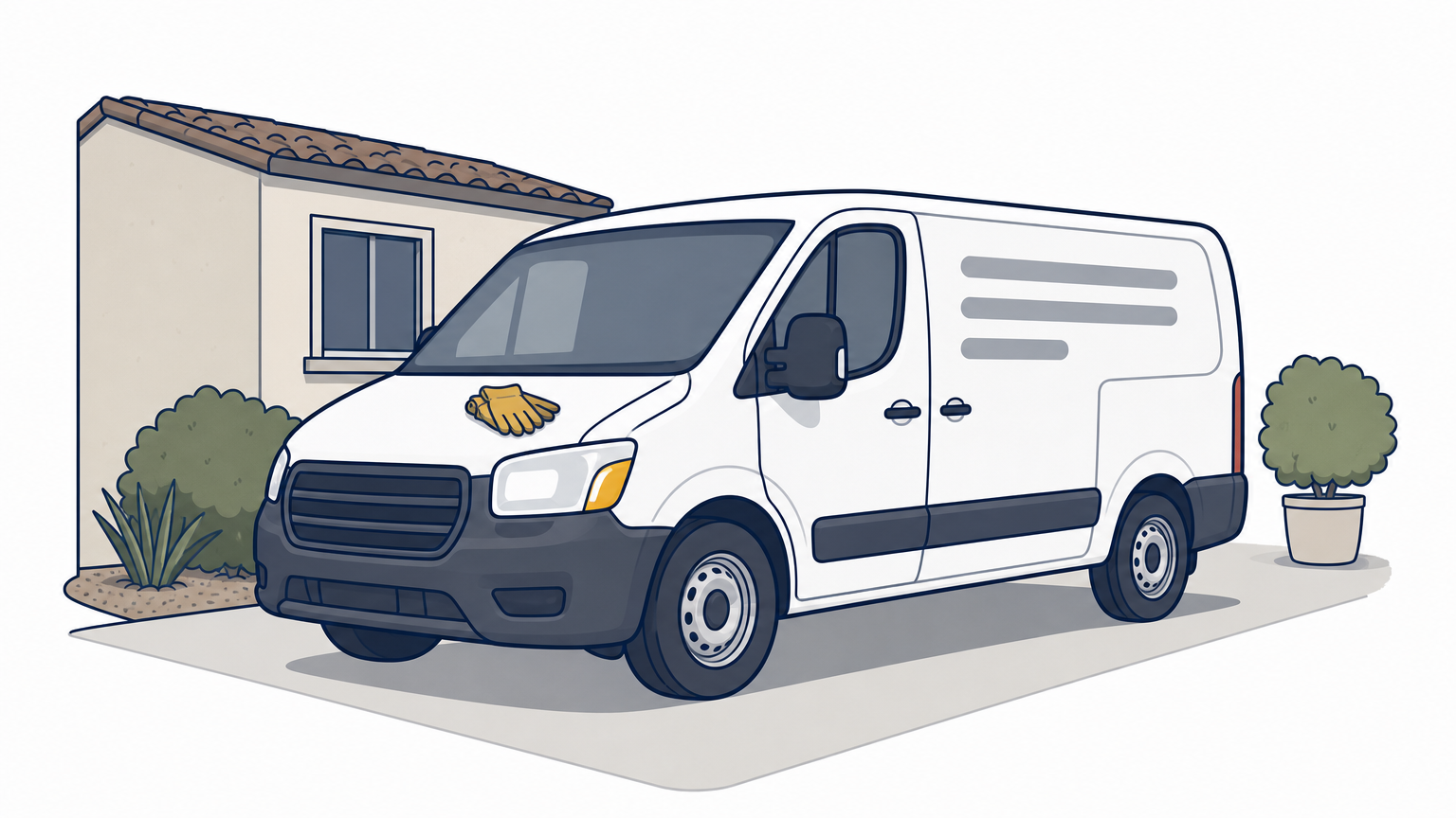 A white pest control van is parked in a driveway beside a single-story stucco house in the desert.