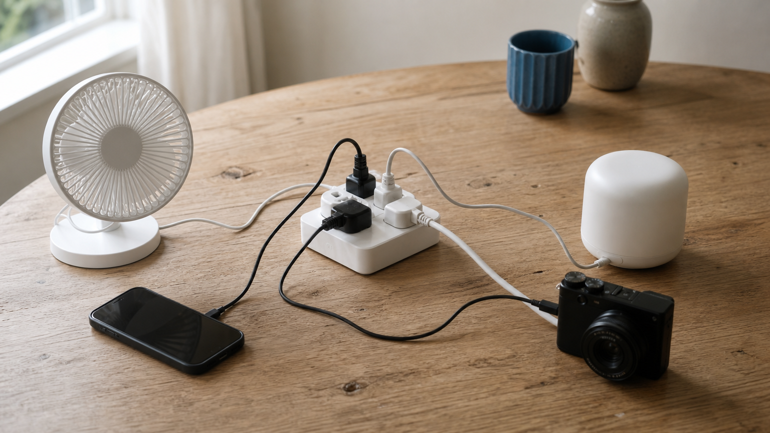 A four-way extension lead plugged into one wall socket, with four appliances drawing power from it.