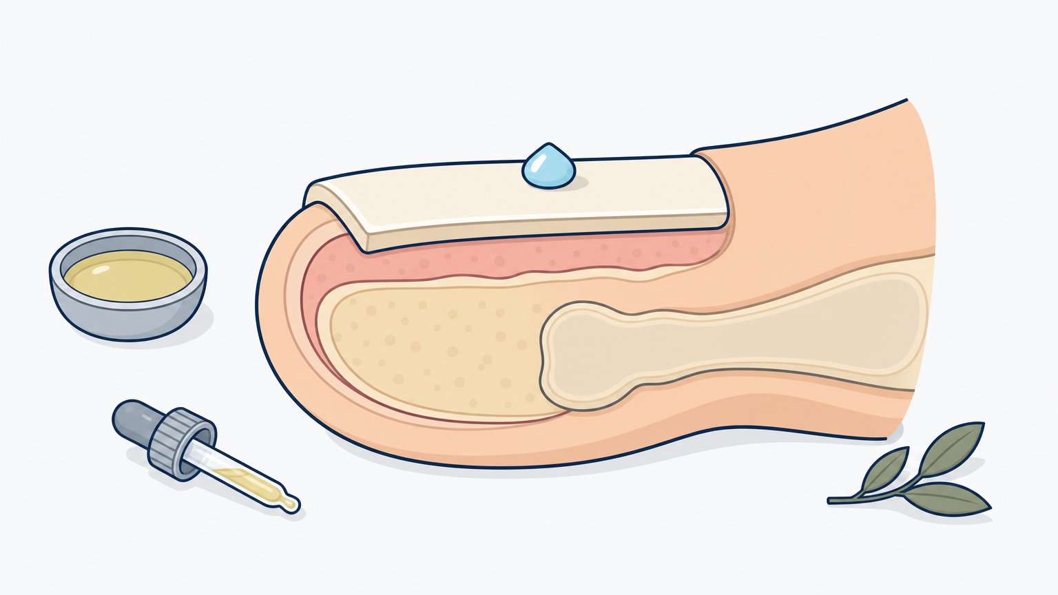 Side-view cross-section of a big toe showing a thick nail with a drop of oil resting on its surface.