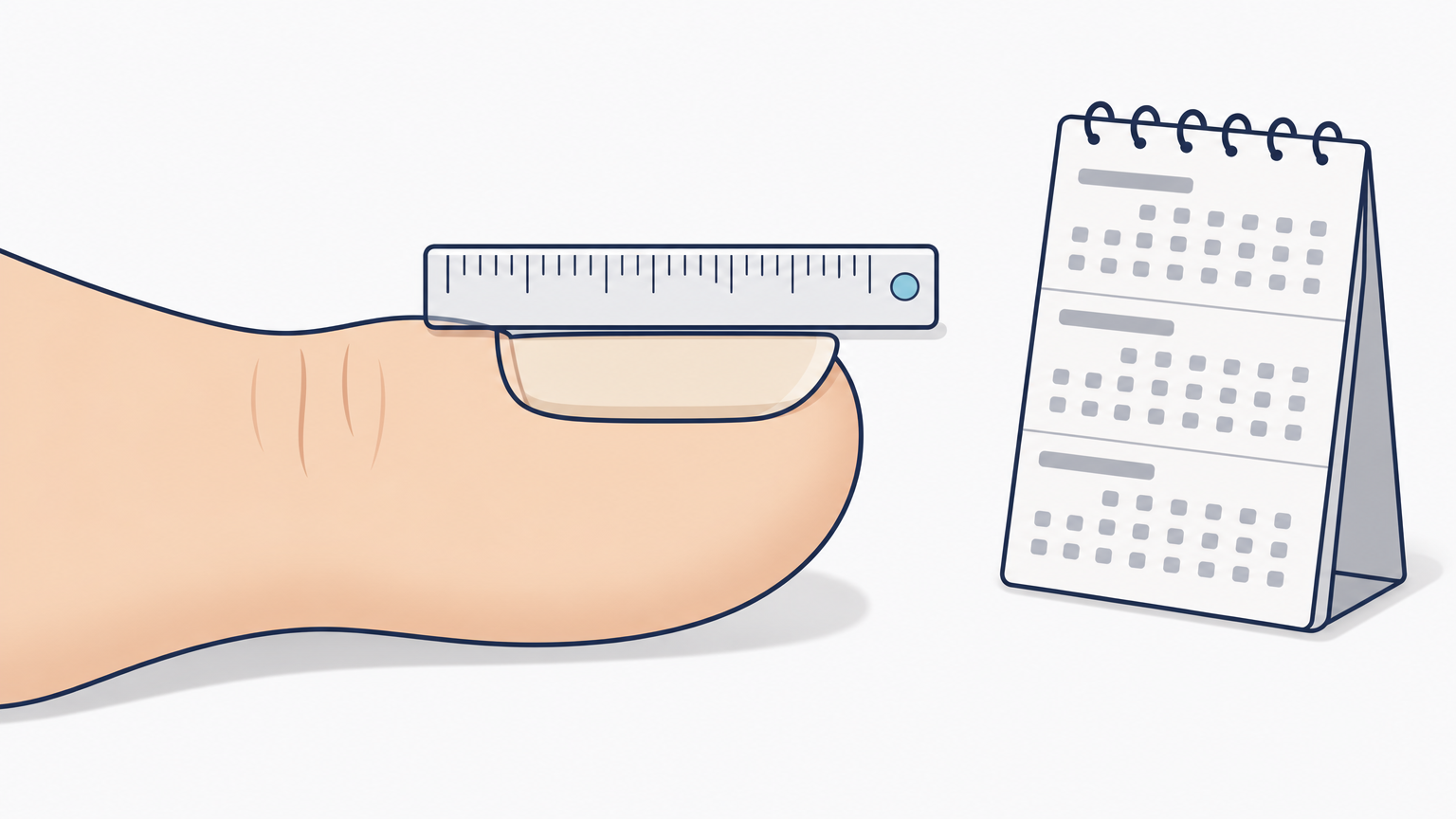 A big toe with a ruler along the nail, next to a wall calendar marking a three-month review date.