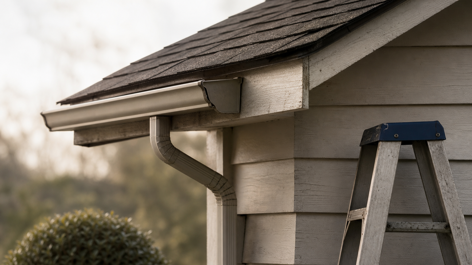 A roof edge with a gutter fastened to the fascia board, shingles overhanging above it, and a ladder leaning nearby.