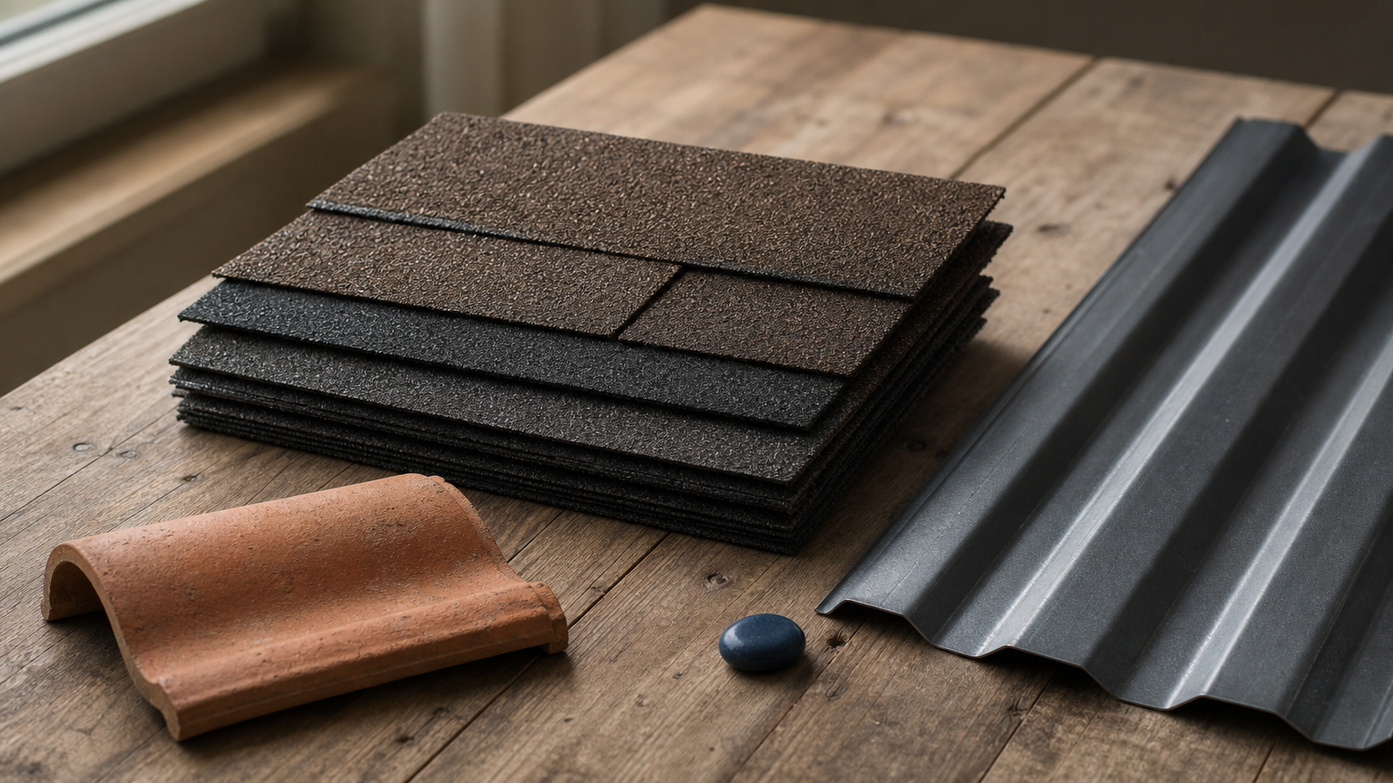 Asphalt shingle samples, a corrugated metal roof panel, and a clay roof tile arranged together on a table.