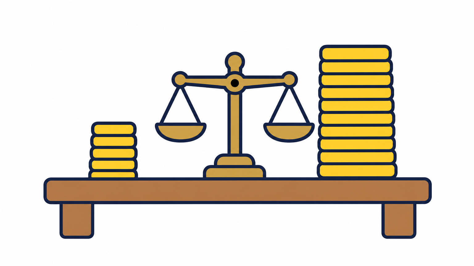 Two coin stacks on a wooden table, one short and one tall, showing the gap in capital between the two license types.