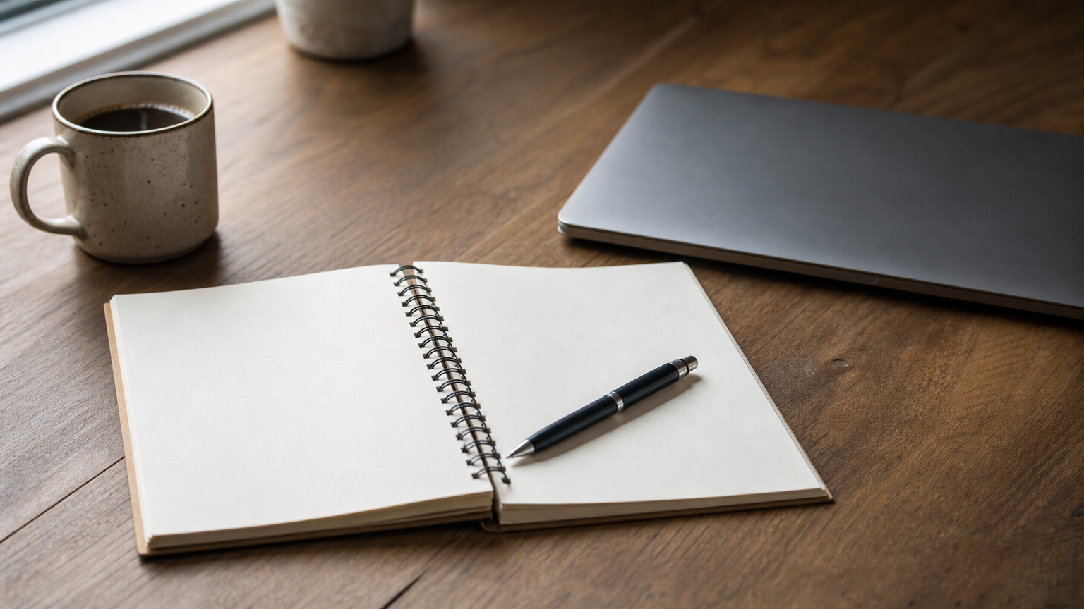 An open notebook with a pen lying across it, next to a closed laptop on a desk.
