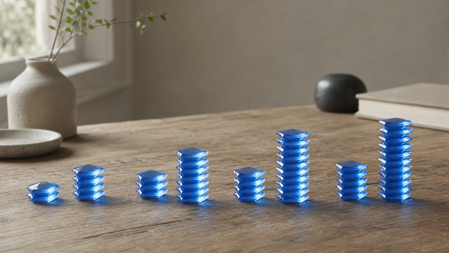 Four pairs of diamond token piles where each right pile is twice the height of its left pile.